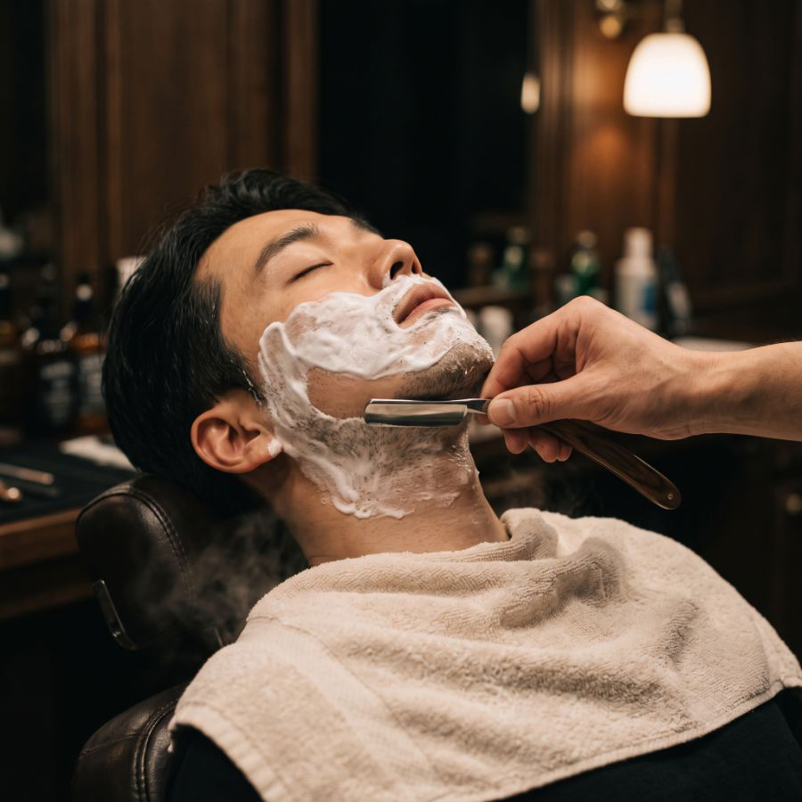 핫타월을 올린 뒤 면도하는 모습